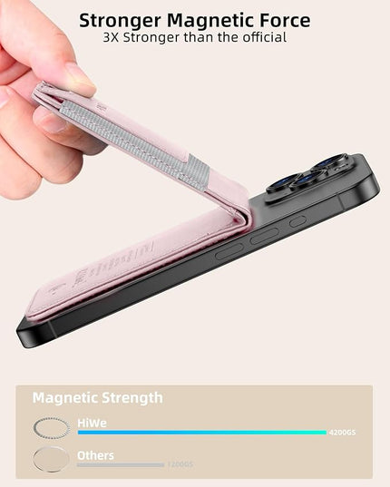 HiWe for MagSafe Wallet Stand with Find My, Anti-Lost Strongest Magnetic Wallet for iPhone 17/16/15/14/13/12 Series, 9 Cards Holder, Leather RFID, Pink