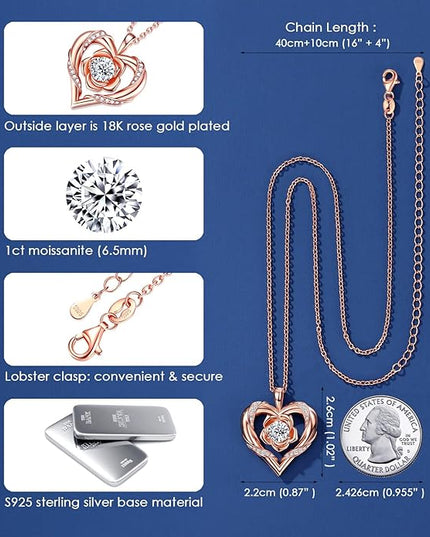Beam & Bask Rose Flower Heart Moissanite Necklaces for Wife, S925 Silver Pendant for Women, 18K Gold Plated Jewelry for Her Girlfriend Mom for Anniversary Birthday