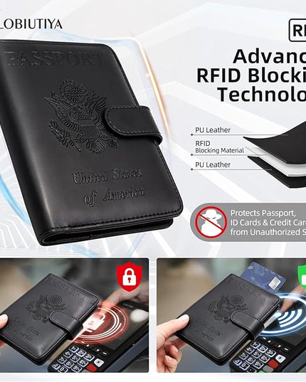 Passport Holder For Travel with Luggage Tag Cover – RFID Blocking Travel Passport Wallet Holder for Men/Family| PU Leather Passport Case with Extra Money Pocket/Magnetic Clasp, Black