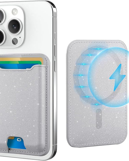 TopMade for Magsafe Wallet, Sparkle Magnetic Card Holder for iPhone 17, iPhone 16/15/14/13/12 Series, Leather Magnetic Phone Wallet with Powerful Magnet, RFID Blocking, Fit 4 Cards, Glitter Gray