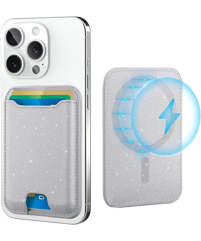 TopMade for Magsafe Wallet, Sparkle Magnetic Card Holder for iPhone 17, iPhone 16/15/14/13/12 Series, Leather Magnetic Phone Wallet with Powerful Magnet, RFID Blocking, Fit 4 Cards, Glitter Gray