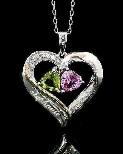 2-Heart Couple Name Engraved Pendant Necklace For Women | 925 Sterling Silver and 10K Yellow Gold | Customized and Personalized | Gemstone Birthstone and Lab Grown Diamond | 18 Inch Silver Chain