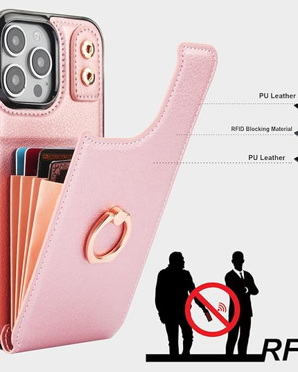 Folosu Compatible with iPhone 16 Pro Max Case Wallet with Card Holder, 360°Rotation Finger Ring Holder Kickstand, RFID Blocking Leather Protective Double Buttons Shockproof Cover 6.9 Inch Rose Gold