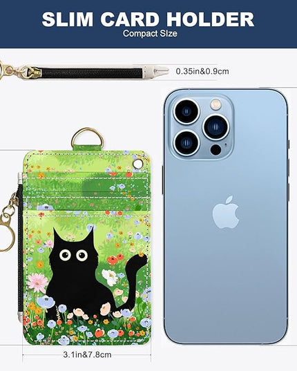 Slim Wallet Credit Card Holder, Cat on the Green Grass, RFID Wallet Women Cute Small Front Pocket Wallet With Zipper, PU Leather Thin travel RFID Blocking Card Case ID Window,Ladies Gifts