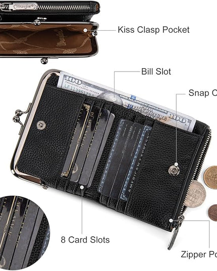 Montana West Wrangler Women's Wallet RFID Blocking Wallets Small Bifold Credit Card Holder with Kiss Clasp Black