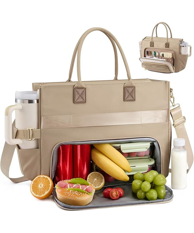 LOVEVOOK Insulated Lunch Bag,2-in-1 Work Tote Bag with Lunch Compartment,Large Capacity Professional Work Bag for Women,15.6 Inch Laptop Bag with Cup Holder for Teacher,Nurse,College,Office,Travel