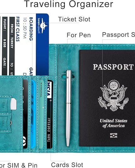 WALNEW Passport Holder for Travel, RFID Passport Cover Wallet for Women Men, PU Leather Passport Book Card Holder Case with Pen (Elastic Band Closure, C-Blue)