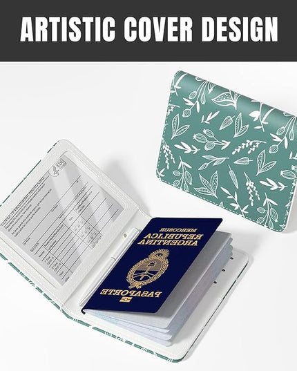 Rimilak Passport Holder, RFID Blocking Passport Cover Wallet Travel Essentials, Leather Travel Documents Organizer Protector for Women and Men, White Leaves