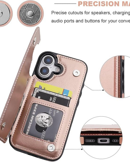 ONETOP Compatible with iPhone 17 Wallet Case with Card Holder, PU Leather Kickstand Card Slots Case, Double Magnetic Clasp and Durable Shockproof Cover 6.3 Inch (Rose Gold)