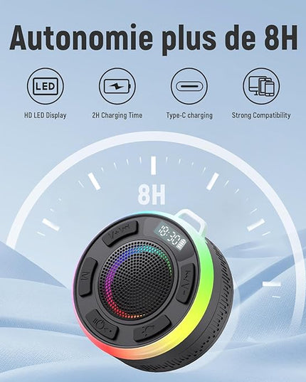 IPX7 Waterproof Shower Bluetooth Speaker, Portable Small Speaker with Suction Cup and Time Display, Loud Crystal Sound & Bass 10H Playtime 1100mAh, Wireless Shower Speakers for Pool, Beach Gift Black
