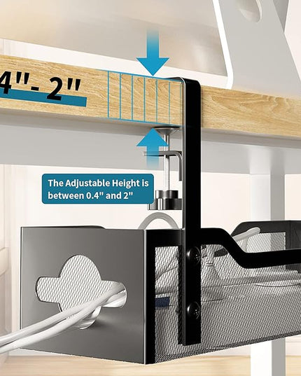 Under Desk Cable Management Tray No Drill, Metal Mesh Cable Management Under Desk with Clamp Mount, 2 Hole Cable Tray with Wire Management and Cord Organizer for Home Office Standing Desk