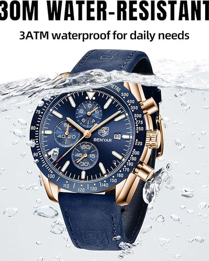 BY BENYAR Watch for Men Analog Quartz Chronograph Waterproof Luminous Designer Mens Wrist Watches Business Work Sport Casual Dress Watch with Silicone Strap Elegant Gifts for Men