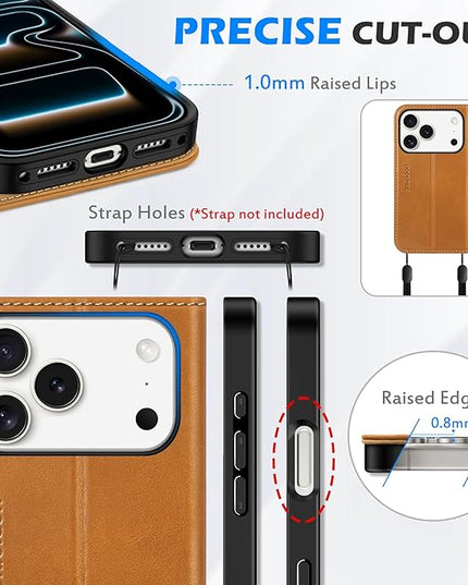 SHIELDON Case Wallet for iPhone 17 Pro 6.3-inch | Genuine Leather | Book Desgin | RFID Blocking Credit Card Slots | Magnetic Closure | Shock Absorbing Phone Cover | 2025 | Retro Light Brown