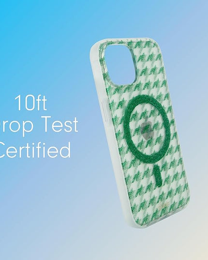 Sonix Protective Phone Case for iPhone 15, 14, 13 | Compatible with MagSafe | 10ft Drop Tested | Green Glitter Houndstooth Print | Happily Houndstooth
