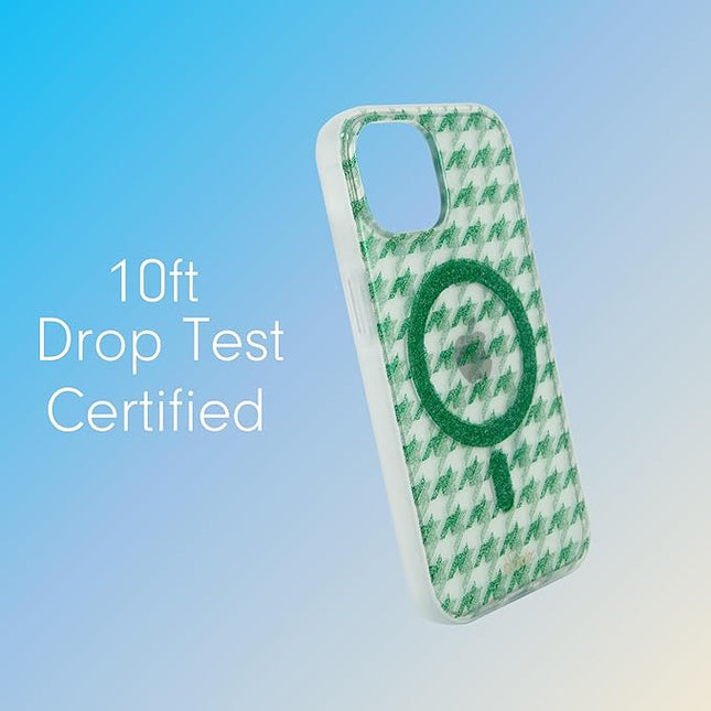 Sonix Protective Phone Case for iPhone 15, 14, 13 | Compatible with MagSafe | 10ft Drop Tested | Green Glitter Houndstooth Print | Happily Houndstooth