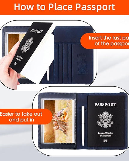 WALNEW Passport Holder for Travel, RFID Passport Cover Wallet for Women Men, PU Leather Passport Book Card Holder Case with Pen (Upgraded, Upgraded-Navy Blue)