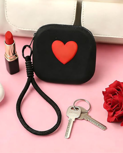 Small Silicone Coin Purse Heart Pattern Mini Silicone Coin Pouch with Hand Strap Change Pouch Mini Zipper Wallet for Women Girls (Black)