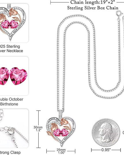 Iefil Christmas Gifts for Women Wife - 925 Sterling Silver Rose Heart Birthstone Necklace Birthday Anniversary Jewelry Gifts for Her Wife Mom Daughter