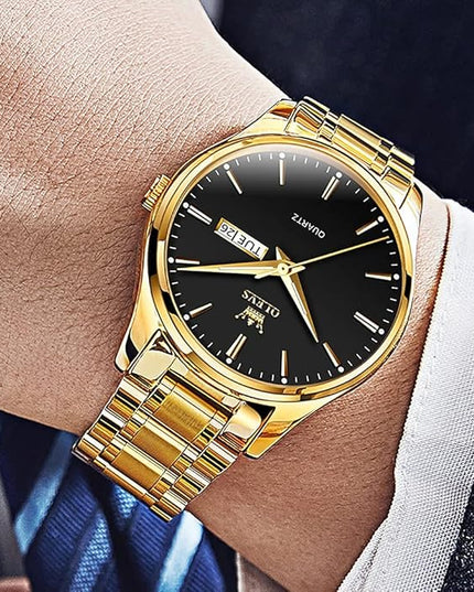 OLEVS Men's Luxury Watch Waterproof Luminous Easy Read Chronograph Watches Full Gold/White Dail/Black Face with Calendar Wristwatch