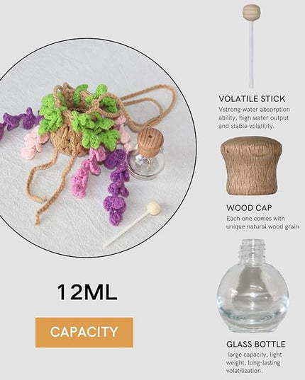 Handmade Crochet Hanging Car Air Freshener - Botanical Wisteria Blossom Design with 12ml Refillable Glass Essential Oil Bottle, Long-Lasting Car Diffuser & Nature-Inspired Decor