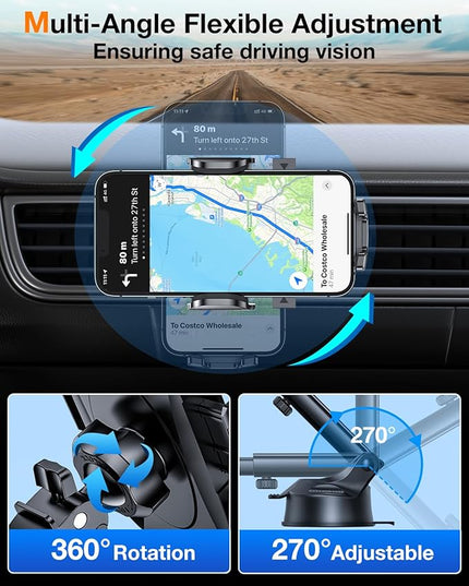 HTU [True Military-Grade] 2025 Upgraded Car Phone Holder 【Safety Certs & No Smell】 Cell Phone Holder for Car Mount for Dashboard Windshield Air Vent Long Arm Thick Case,Purple
