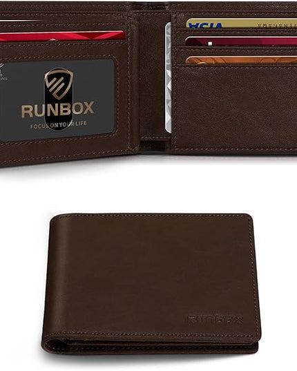 RUNBOX Wallet for Men Bifold RFID Blocking Wallets with 2 ID Window 14 Card Holders 1 cash pocket 1 Gift Box