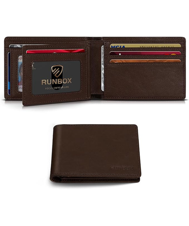 RUNBOX Wallet for Men Bifold RFID Blocking Wallets with 2 ID Window 14 Card Holders 1 cash pocket 1 Gift Box
