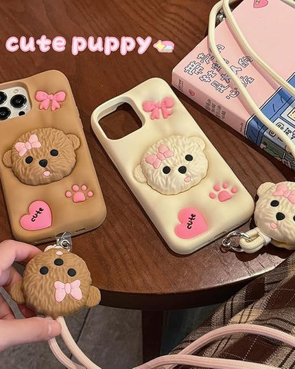 Case Compatible with iPhone 15 Pro Max,Cute 3D Kawaii Funny Dog Stand White Cartoon Cover with Keychain Soft Silicone Gel Drop Protector Women Girls