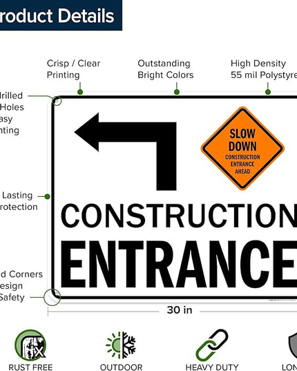 Slow Down Construction Entrance Ahead With Left Arrow Sign, 24x30 Inches, 55 mil thick HDPS (high density polystyrene), Made in USA by My Sign Center