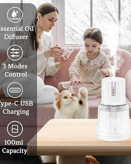Ikeda Essential Oil Diffuser, 100ml Glass Car Essential Oil Diffuser,Portable Car Aroma Air Diffuser, 3 Timers & 300 mAH Battery Operated Mini Humidifier Diffuser, Auto Shut-Off, White
