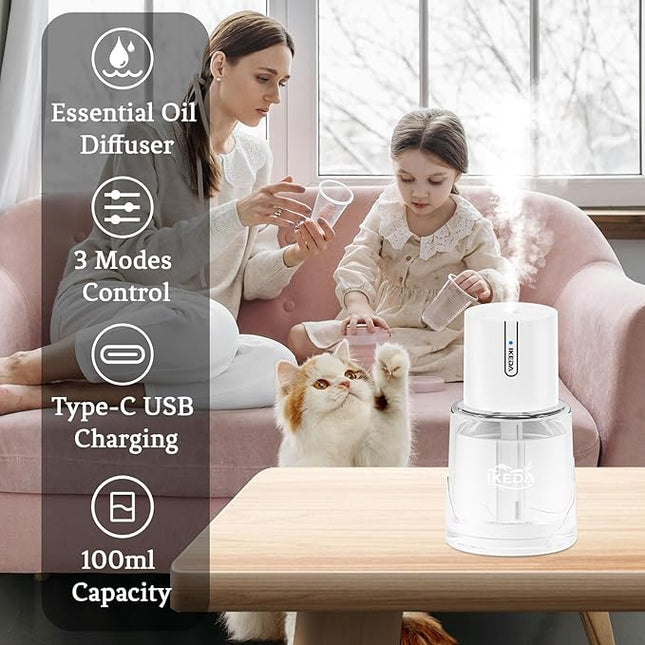 Ikeda Essential Oil Diffuser, 100ml Glass Car Essential Oil Diffuser,Portable Car Aroma Air Diffuser, 3 Timers & 300 mAH Battery Operated Mini Humidifier Diffuser, Auto Shut-Off, White