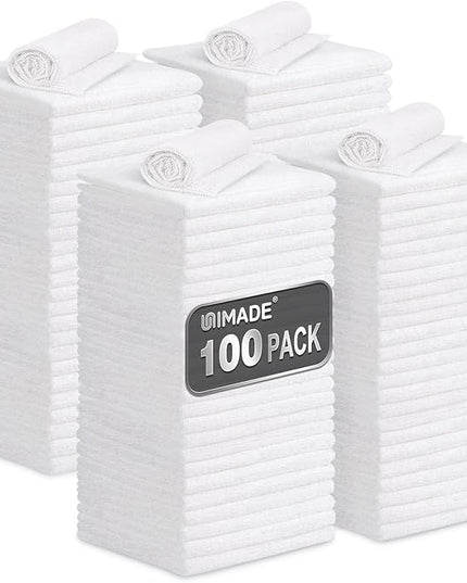 Shop Towels, 100 Pack Commercial Grade Work Rags Microfiber Towels for Cars Cleaning Rags Bulk Detailing Cloth for Automotive Bar Mechanic Restaurant Garage Housekeeping, 11.5"x 11.5", White