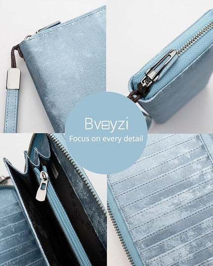 Bveyzi Women RFID Blocking Wallet Leather Zip Around Phone Clutch Large Capacity Ladies Travel Purse Wristlet | RFID Blocking, Zip Around, Large Capacity
