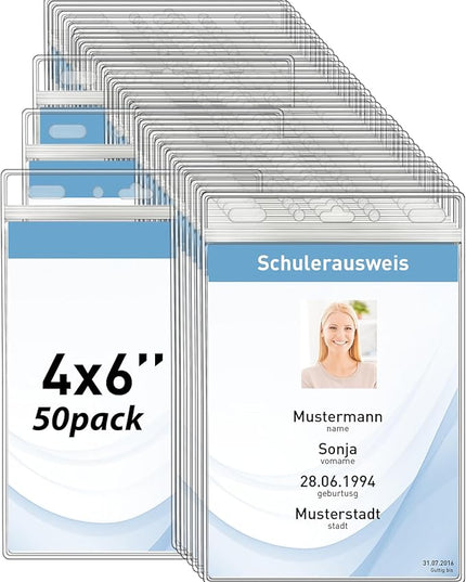 Vertical ID Badge Holders with Soft Edge (Sealable Fits 4x6 Inch Insert) (50 Pack), Waterproof Passport ID Card Holder, Name Tag Holder, Name Badge Holders, Zipper Plastic Badge Holder