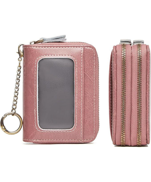 TFKGS Credit Card Holder for Women RFID Wallet Leather Womens Wallet with Zipper Blocking Keychain Card Accordion Wallets Gifts for Women Pink