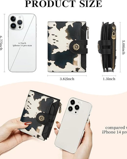 Blucoay Wallet Women,RFID Blocking Leather Womens Wallet Bifold Compact Card Holder Small Wallet for Women with Removable ID Window cowprint black