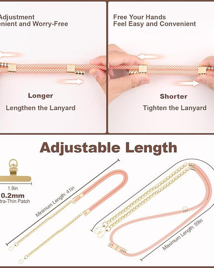 Crossbody Phone Lanyard, Adjustable Multicolor Braided Phone Strap and Phone Chain Strap Combination, Sturdy Metal Buckle and 360° Rotatable Phone Tether Tab, Pink White
