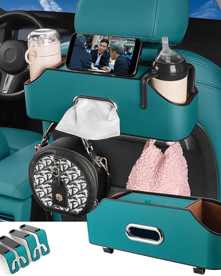 HOLDCY Car Back Seat Organizer with 2 Drink Cup Holder - Tissue Box and Storage Box Hook - Multi-functional Storage - Great for Kids and Travel (Blue)