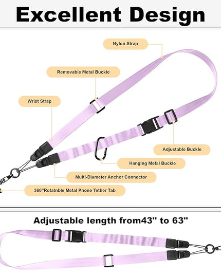 Adjustable Crossbody Phone Lanyard, Universal Phone Wrist Strap and Phone Neck Strap with Tether Tab, Phone Lanyard with Quick Release, Suitable for iPhone and Most Smartphones, Light Purple