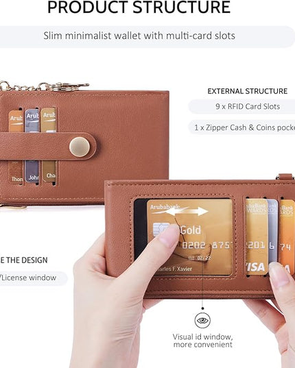 POIUGOYA Slim Wallet for Women,RFID Blocking Bifold Credit Card Holder with Zipper Coin Pocket,ID Window,Keychain