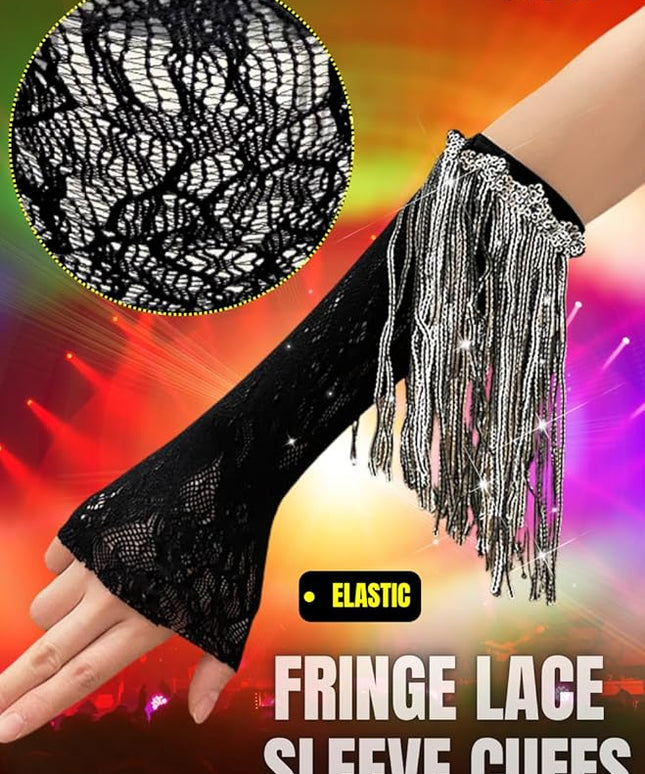 Sequin Fringe Gloves,Fingerless Lace Arm Sleeves For Women,Sparkly Rave Party Costume Fits US 0-8