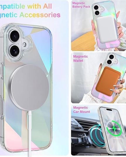 Cute Case for iPhone 17 Case for Women Girls [ Compatible with Magsafe ] Clear Glitter Girly Aesthetic Rainbow Sparkly Bling Magnetic Phone Cover, Iridescent Geometry