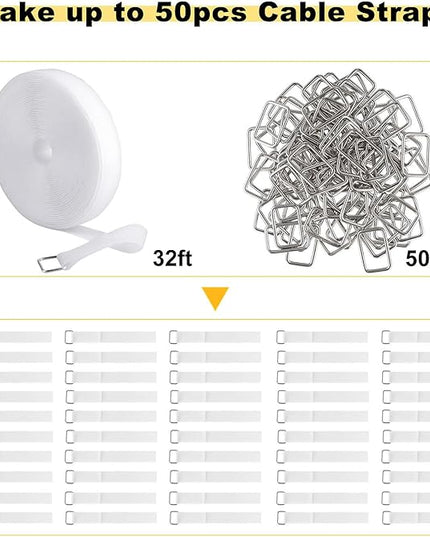 1"x32ft Hook and Loop Straps with 50 Metal Buckles, Adjustable Fastening Cable Straps, Cut-to-Length Cinch Strap, Reusable Nylon Securing Cord Ties for Organizer or Storage, 1 inch Wide, White