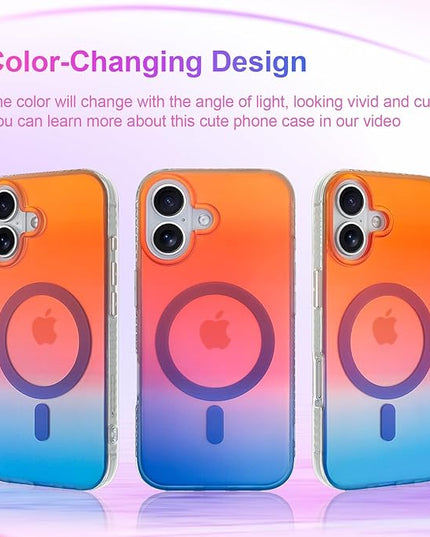 Aesthetic Case for iPhone 17 Case for Women Girls [Compatible with Magsafe] Cute Girly Trendy Glitter Sparkly Rainbow Magnetic Protective Phone Cover, Matte Iridescent Orange & Blue