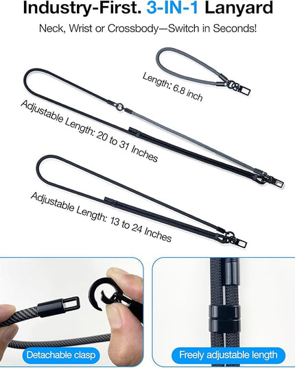 Phone Lanyard Crossbody, 3-in-1 Neck Strap& Wrist Strap, Adjustable Anti-Theft Lanyard with 2 Phone Tether Tabs, Universal Cell Phone Strap for iPhone 17 Pro Max,Travel Essential,Black