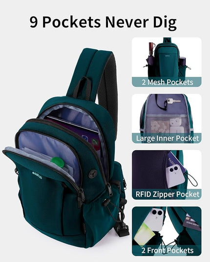 ECOHUB Anti-Theft Crossbody Bag Men Women, RFID Blocking Lightweight Sling Backpack Eco-Friendly with 9 Pockets Sturdy SBS Zippers Water Resistant for Travel Work Hiking Outdoor, Turquoise
