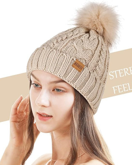 REDESS Women Winter Pompom Beanie Hat with Warm Fleece Lined, Thick Slouchy Snow Knit Skull Ski Cap