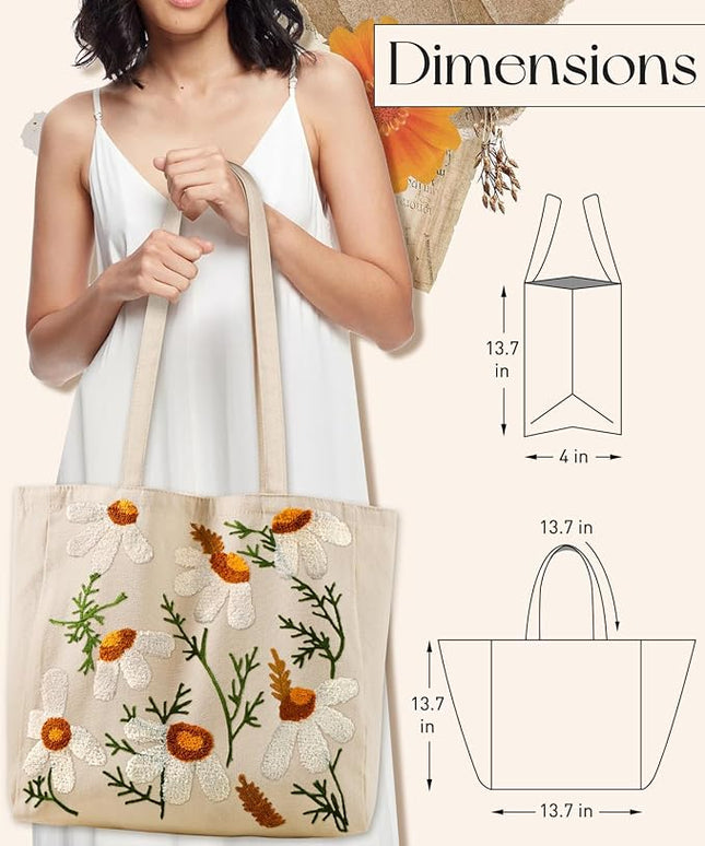 Aesthetic Embroidery Tote Bag for Women - Reusable Canvas Cute Shoulder Bag for Shopping, Grocery, Work, Book