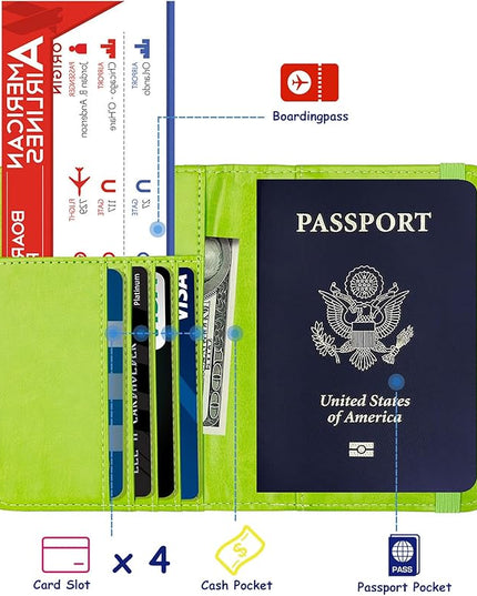 TOURSUIT RFID Blocking Passport Holder for Women Men, Leather Passport Travel Wallet with Metal 3D Metal Badge, Travel Document Holder Cover Accessories (Green)