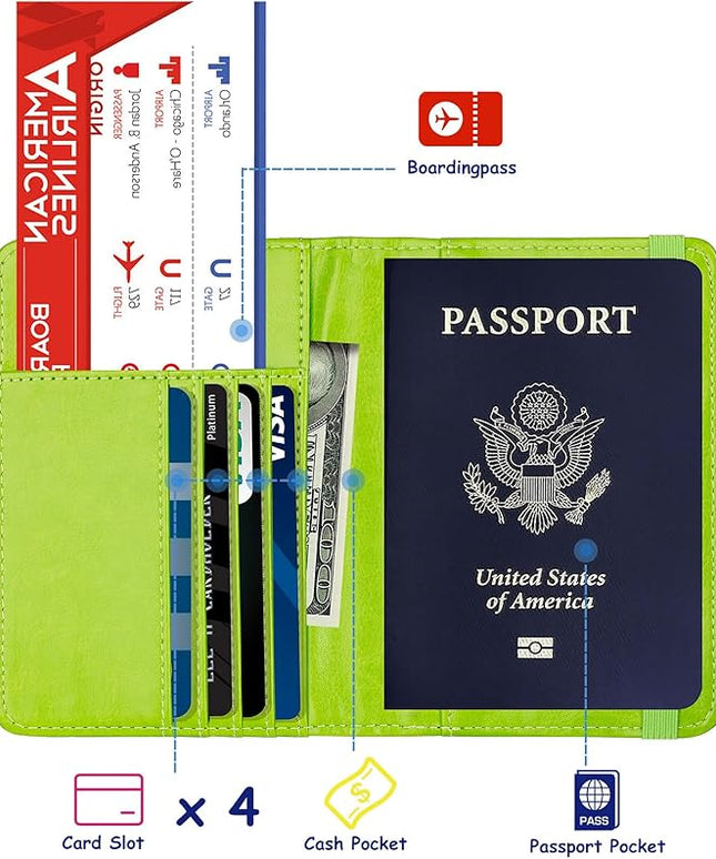 TOURSUIT RFID Blocking Passport Holder for Women Men, Leather Passport Travel Wallet with Metal 3D Metal Badge, Travel Document Holder Cover Accessories (Green)